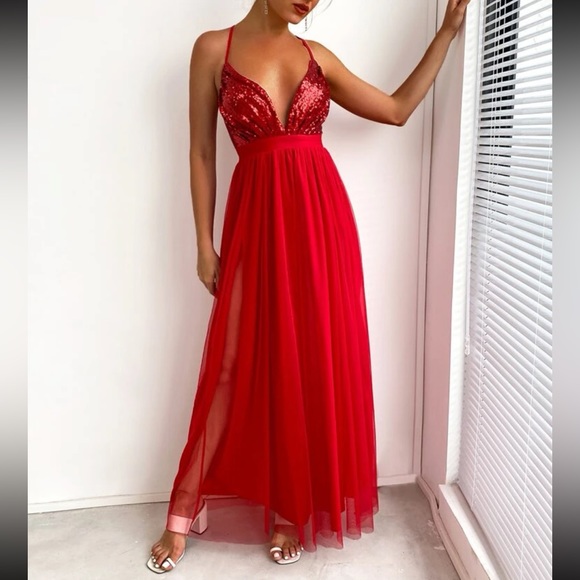 Luxe sequins open back party formal evening wedding gown dress